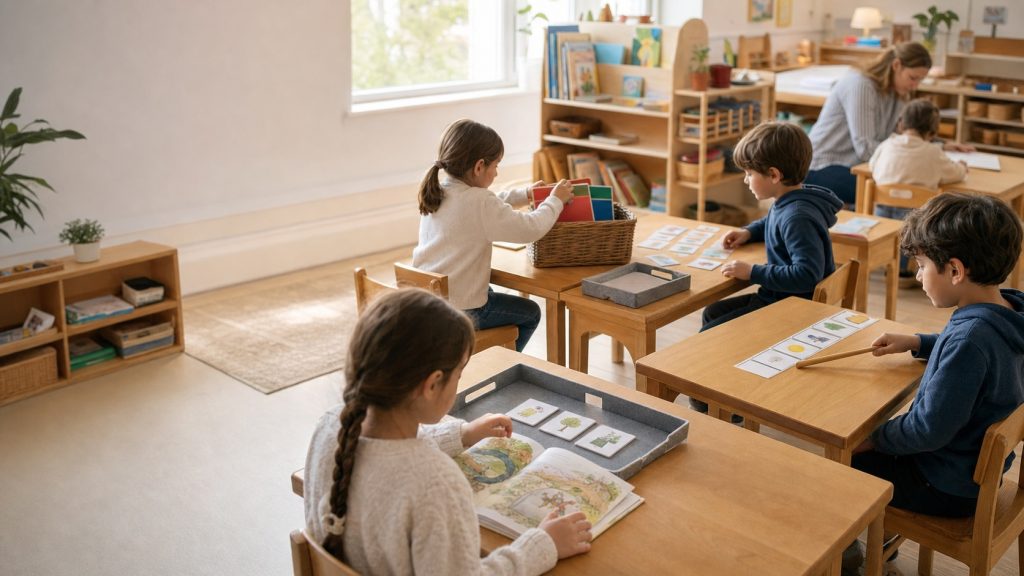 Ateliers de lecture en CE1 dans une classe primaire lumineuse, avec des élèves qui lisent, trient des cartes illustrées et rangent des livres.
