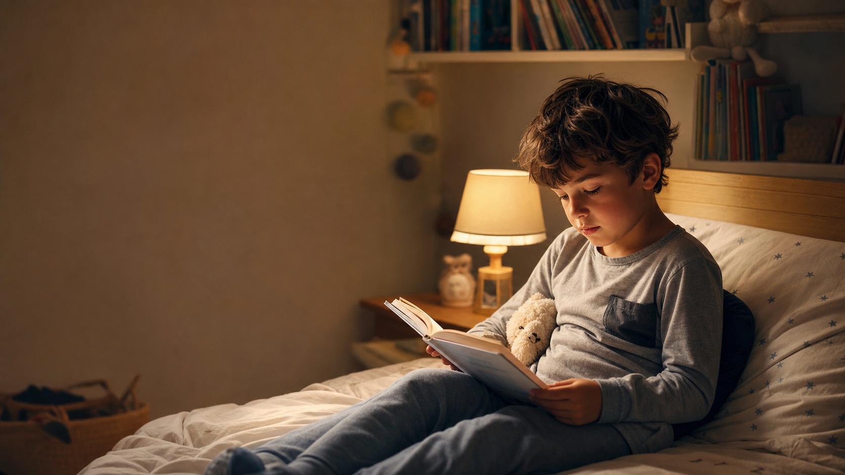 Enfant de CP lisant un livre dans son lit le soir, éclairé par une lampe de chevet chaleureuse.