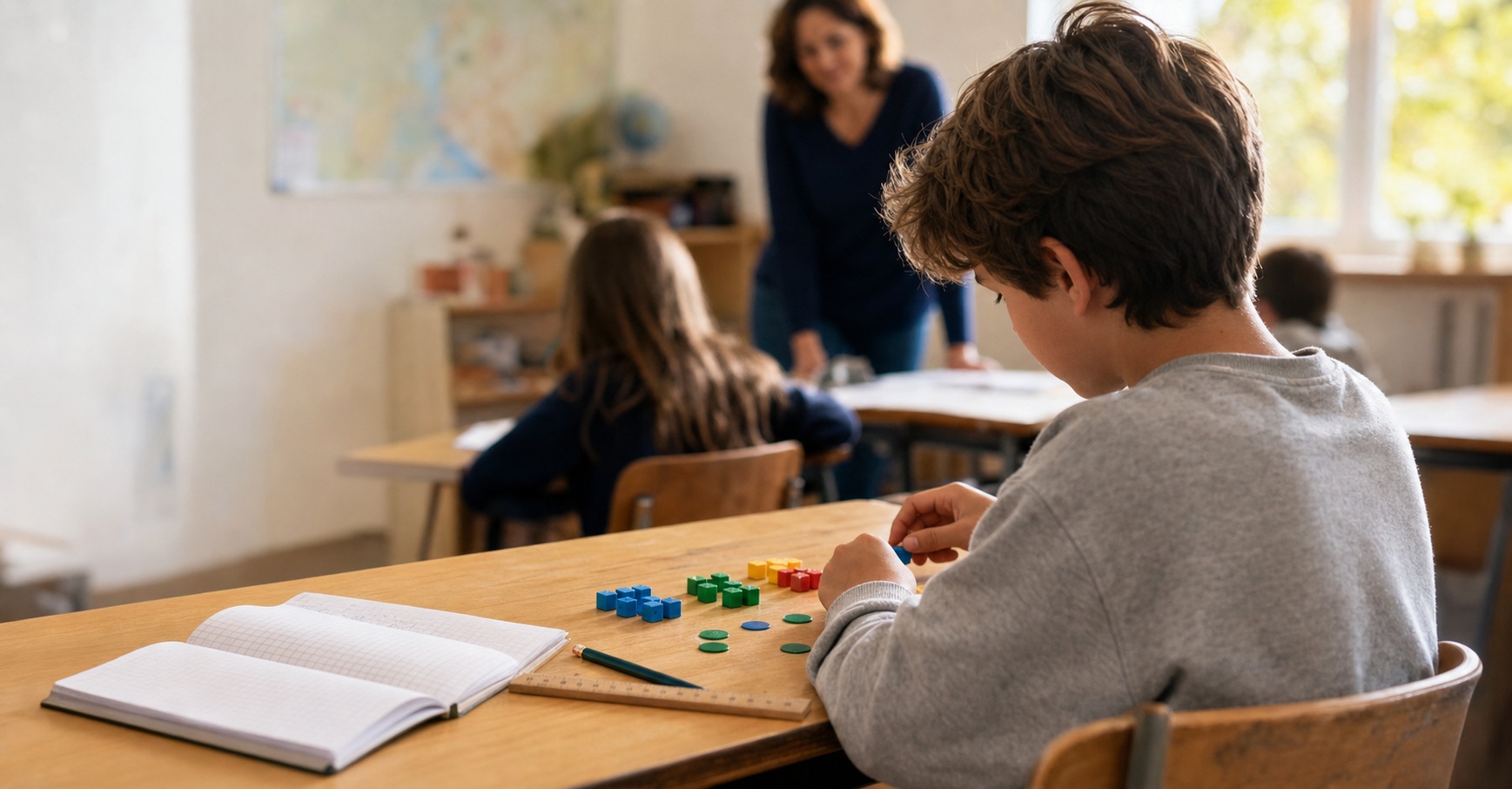 Élève de CM2 manipulant des cubes de comptage pour apprendre les divisions dans une salle de classe lumineuse.