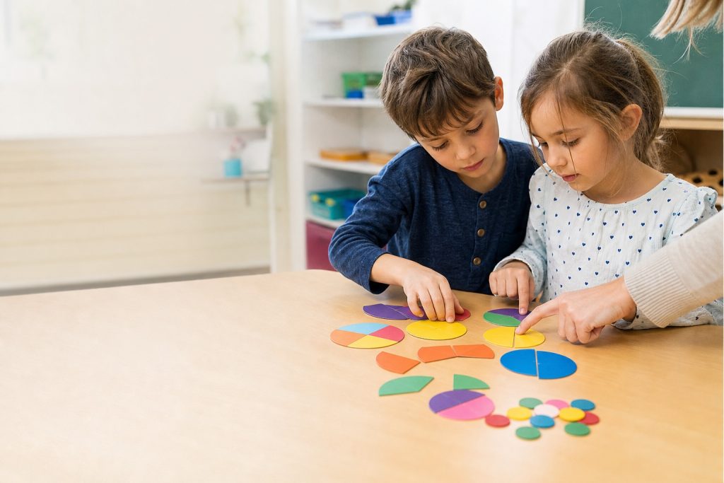 Deux élèves de CE2 manipulent des disques colorés découpés en fractions dans une salle de classe, avec l’aide d’une enseignante.