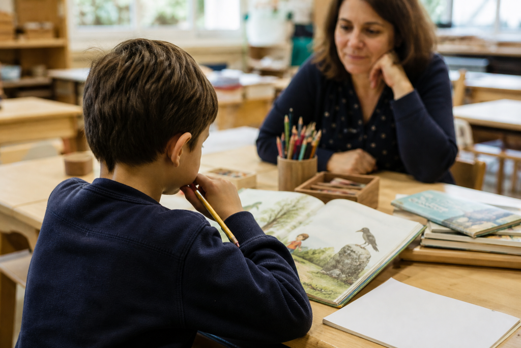 Élève de CE2 lisant attentivement un livre en classe, sous l’observation discrète d’une enseignante, pour illustrer l’évaluation de la compréhension implicite.