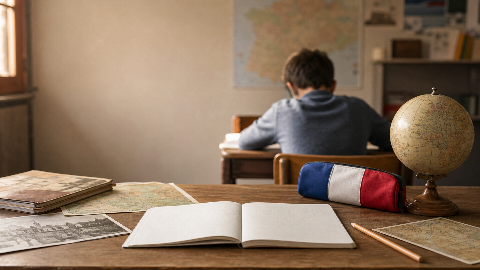 Élève de CM2 vu de dos travaillant dans une salle de classe lumineuse, avec cahier vierge, crayon, globe et matériel d’histoire sur un bureau.